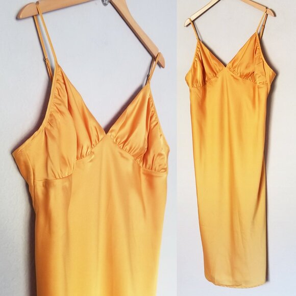 Abercrombie & Fitch Ruched Satin Slip Midi Dress XLP Marigold Dark Yellow $120 - Picture 7 of 16